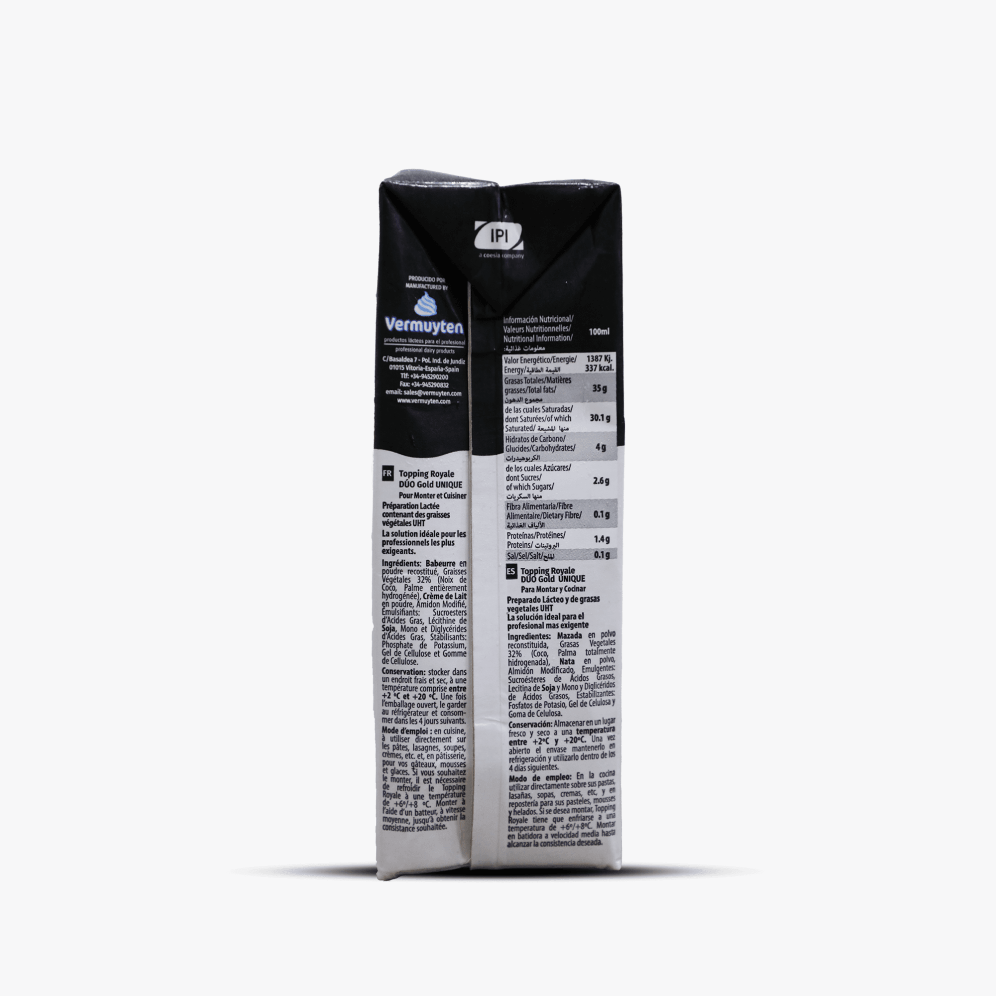 Vermuyten Topping Royale Duo Gold packaging – 12 x 1 litre cartons for professional food service